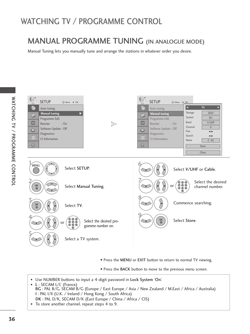 Watching tv / programme control, Manual programme tuning, Wa tching tv / pr ogr amme contr ol | Select manual tuning, Select tv, Select the desired pro- gramme number on, Select a tv system, Select v/uhf or cable, Commence searching, Select store. or | LG 26LG300C User Manual | Page 38 / 97