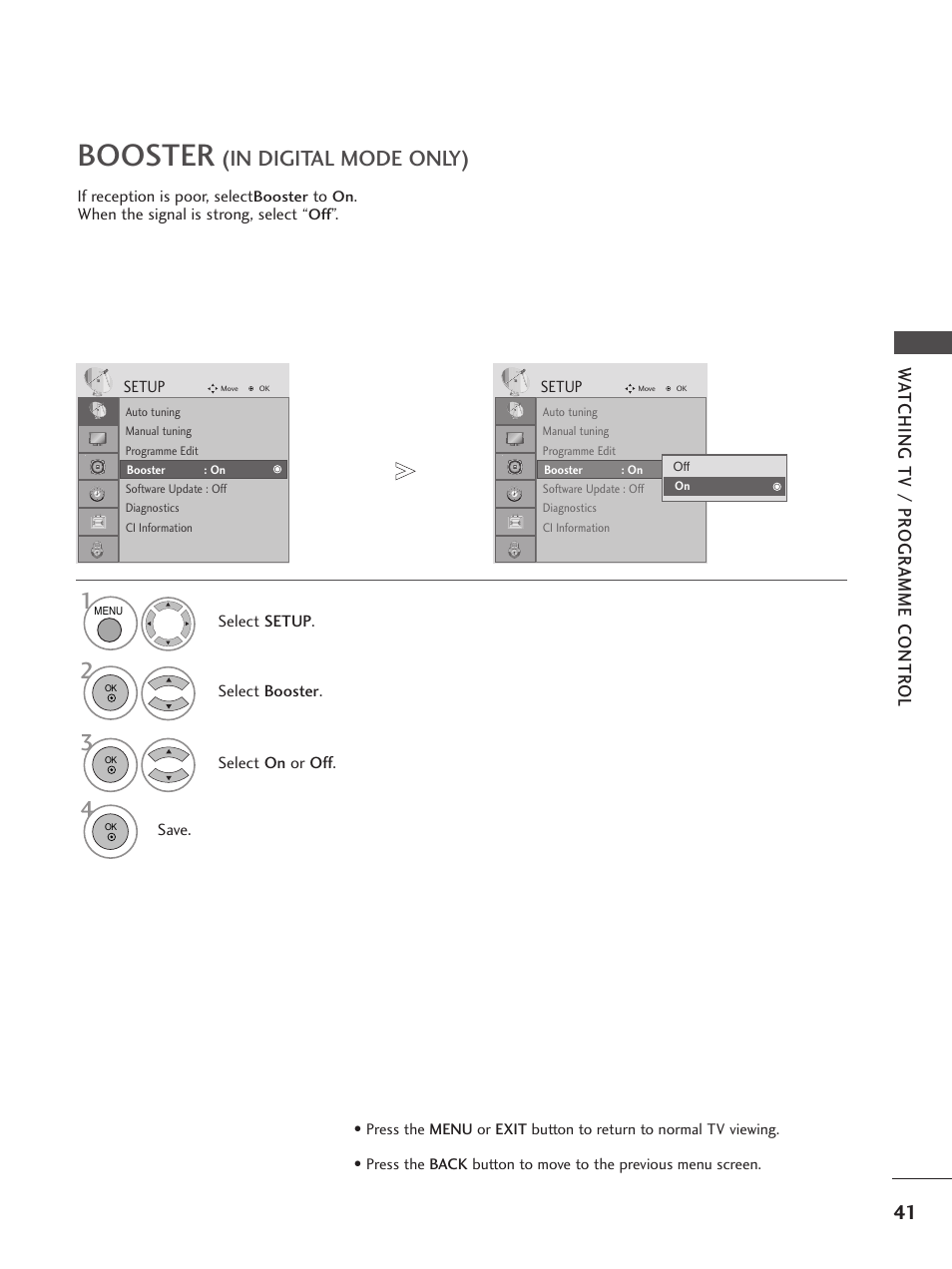 Booster, Wa tching tv / pr ogr amme contr ol | LG 26LG300C User Manual | Page 43 / 97