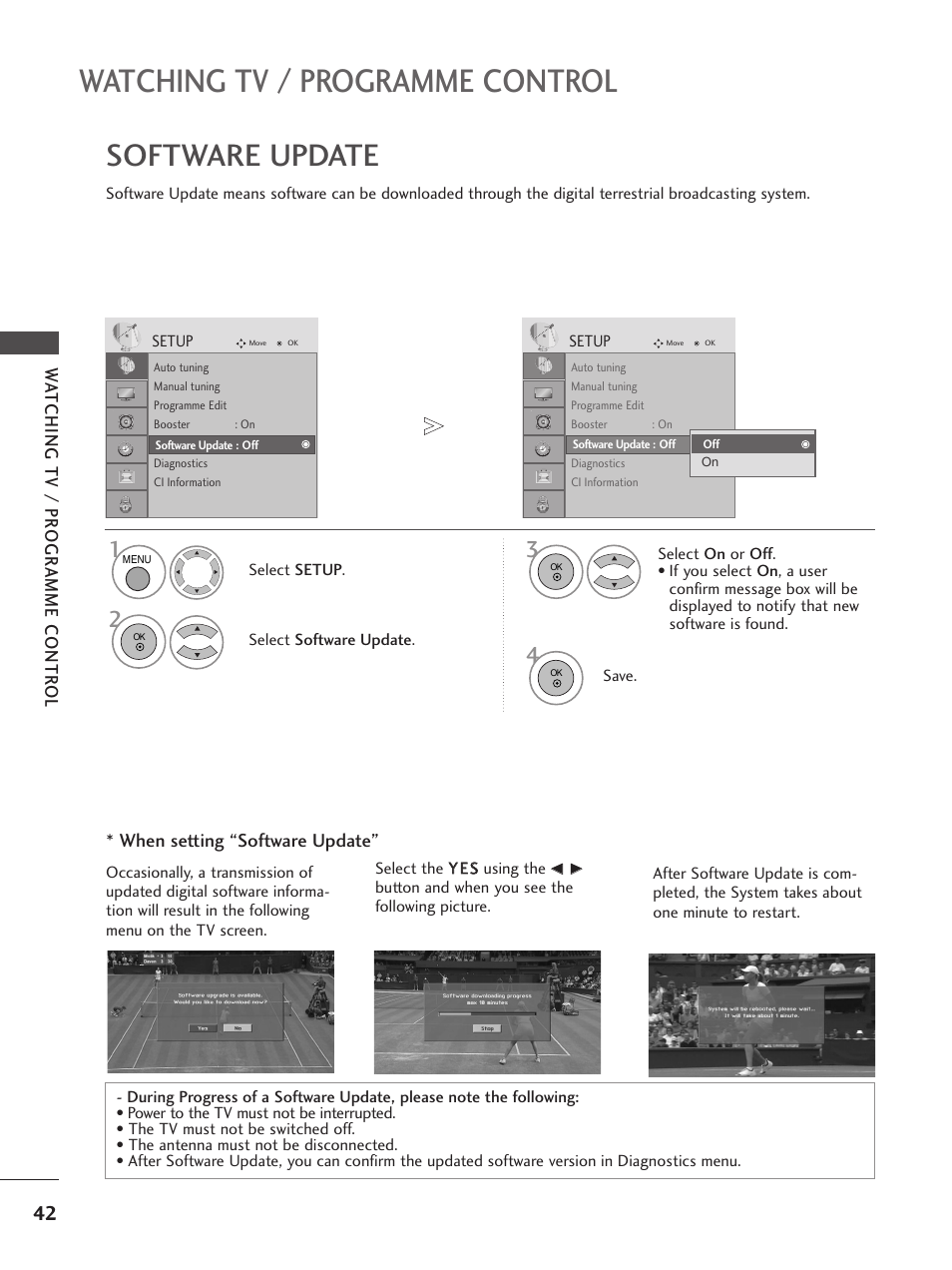 Watching tv / programme control, Software update, Wa tching tv / pr ogr amme contr ol | When setting “software update | LG 26LG300C User Manual | Page 44 / 97