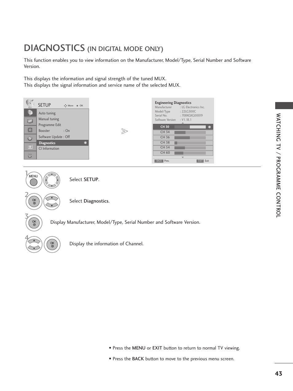 Diagnostics, Wa tching tv / pr ogr amme contr ol | LG 26LG300C User Manual | Page 45 / 97