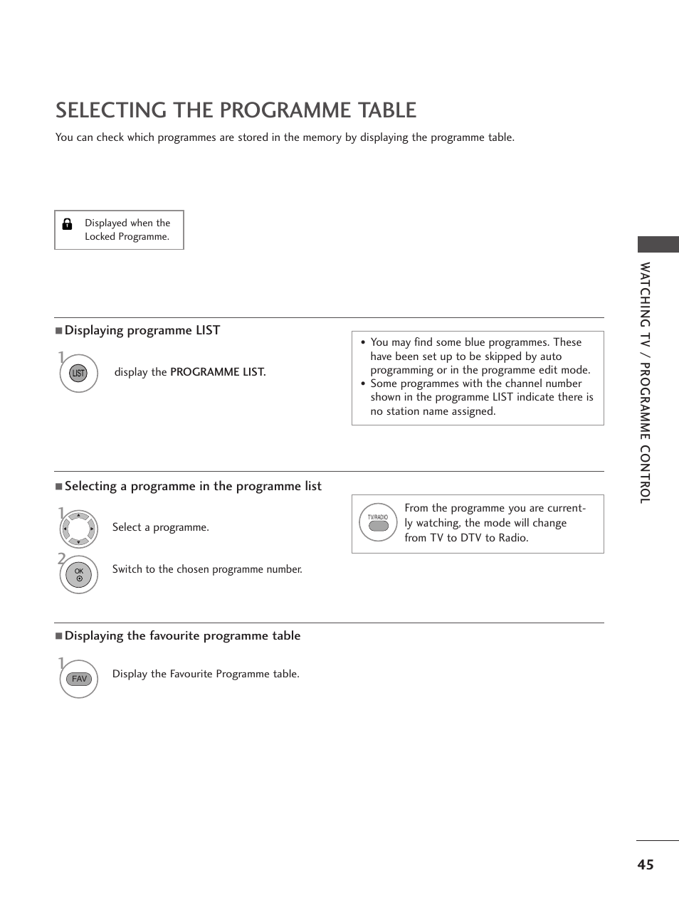 Selecting the programme table | LG 26LG300C User Manual | Page 47 / 97