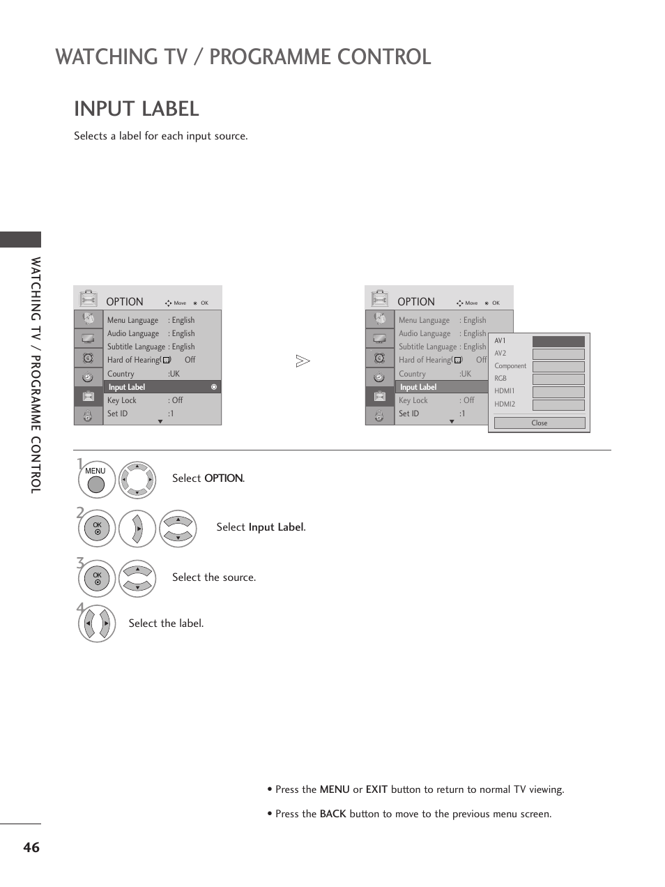 Watching tv / programme control, Input label, Wa tching tv / pr ogr amme contr ol | LG 26LG300C User Manual | Page 48 / 97