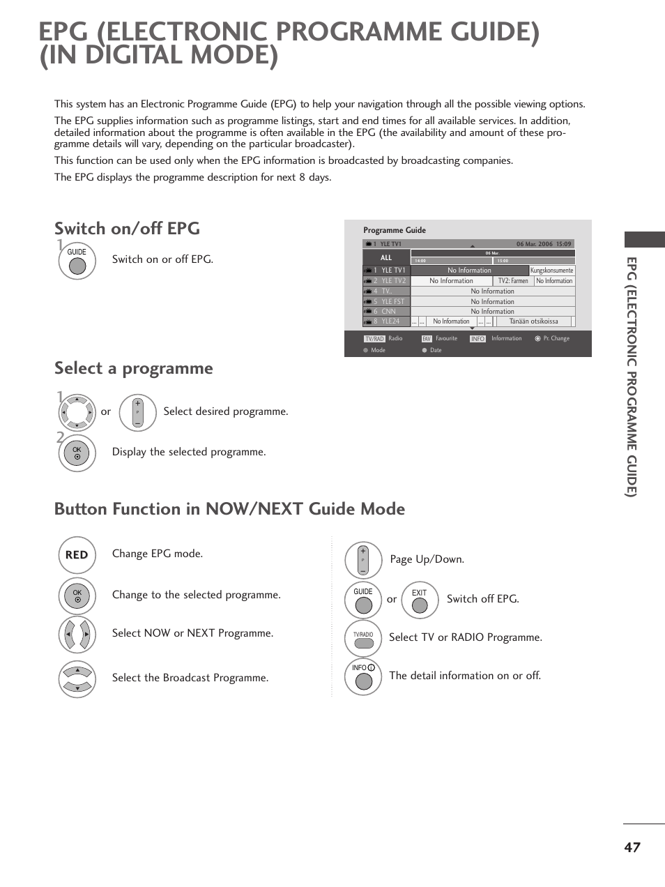 Epg (electronic programme guide) (in digital mode), Switch on/off epg, Select a programme | Button function in now/next guide mode, Epg (electr onic pr ogr amme guide) | LG 26LG300C User Manual | Page 49 / 97