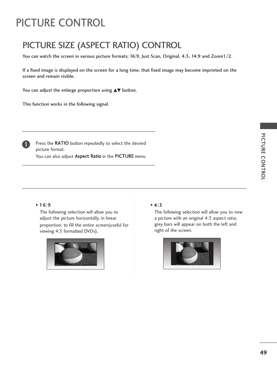 Picture control, Picture size (aspect ratio) control | LG 26LG300C User Manual | Page 51 / 97