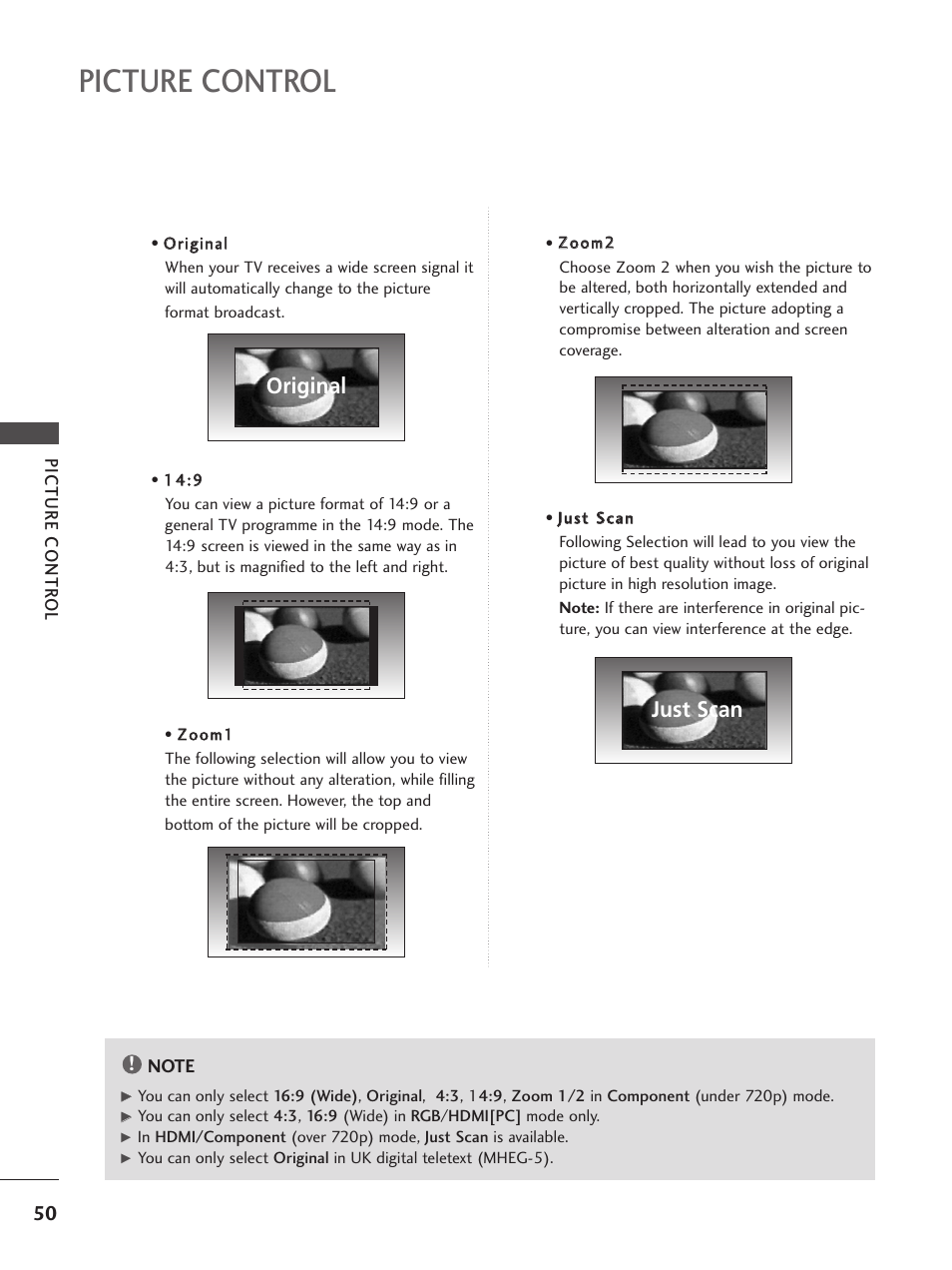 Picture control, Original just scan | LG 26LG300C User Manual | Page 52 / 97