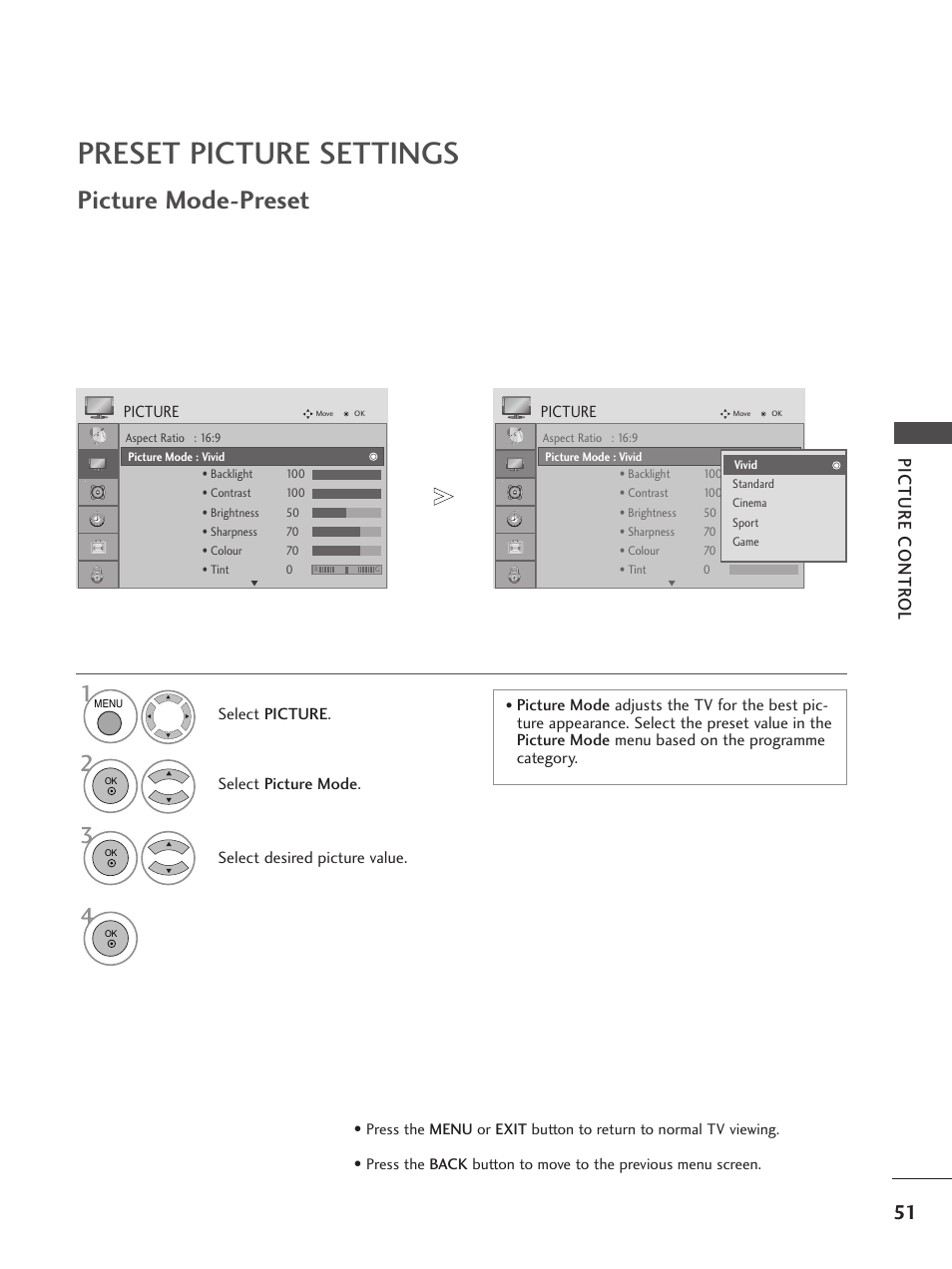Preset picture settings, Picture mode-preset, Picture contr ol | LG 26LG300C User Manual | Page 53 / 97