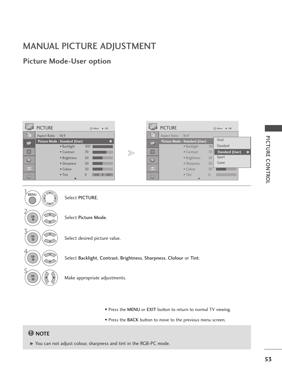 Manual picture adjustment, Picture mode-user option, Picture contr ol | LG 26LG300C User Manual | Page 55 / 97