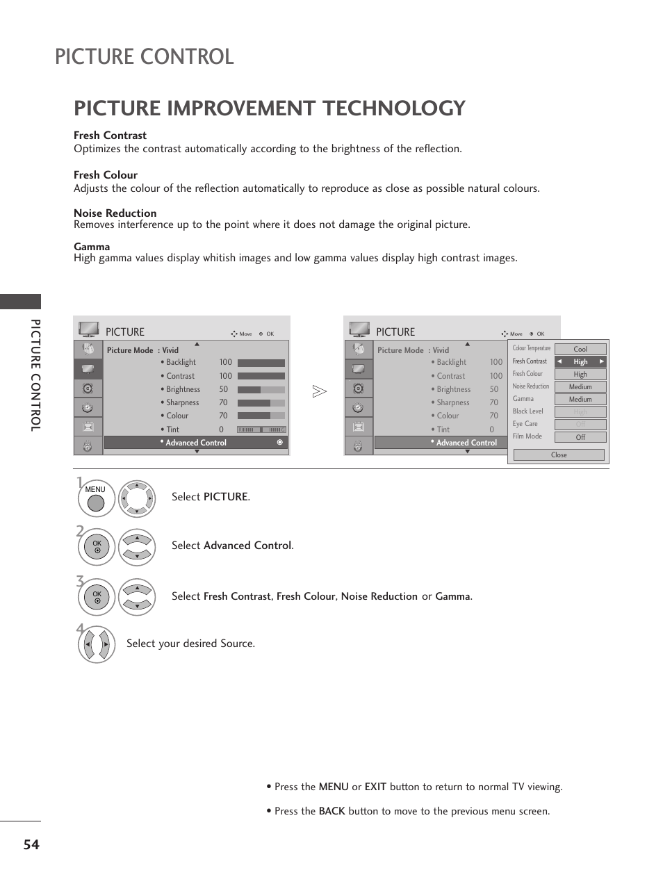 Picture control, Picture improvement technology, Picture contr ol | Picture, Select picture, Select advanced control, Select fresh contrast, Fresh colour , noise reduction or gamma, Select your desired source | LG 26LG300C User Manual | Page 56 / 97