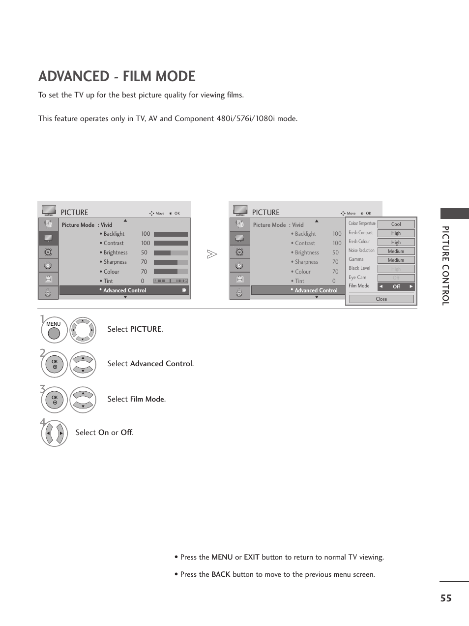 Advanced - film mode, Picture contr ol, Picture | Select picture, Select advanced control, Select film mode, Select on or off | LG 26LG300C User Manual | Page 57 / 97