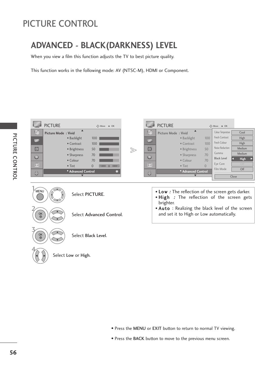 Picture control, Advanced - black(darkness) level, Picture contr ol | LG 26LG300C User Manual | Page 58 / 97