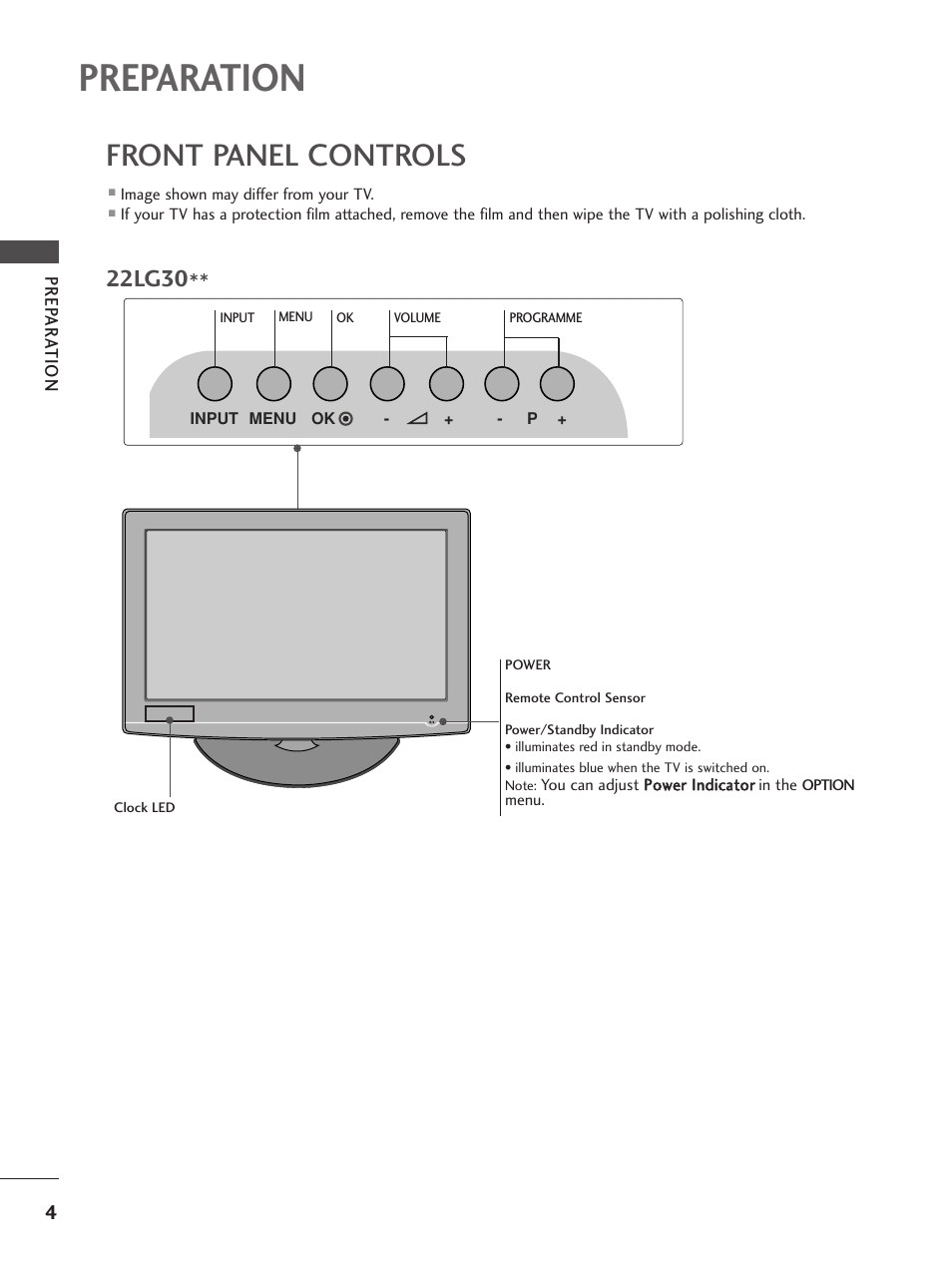 Preparation, Front panel controls, 22lg30 | LG 26LG300C User Manual | Page 6 / 97