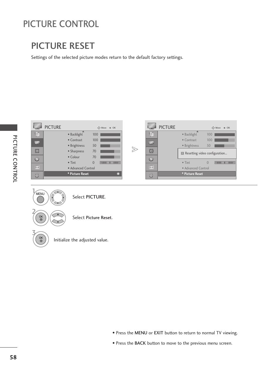 Picture control, Picture reset, Picture contr ol | LG 26LG300C User Manual | Page 60 / 97