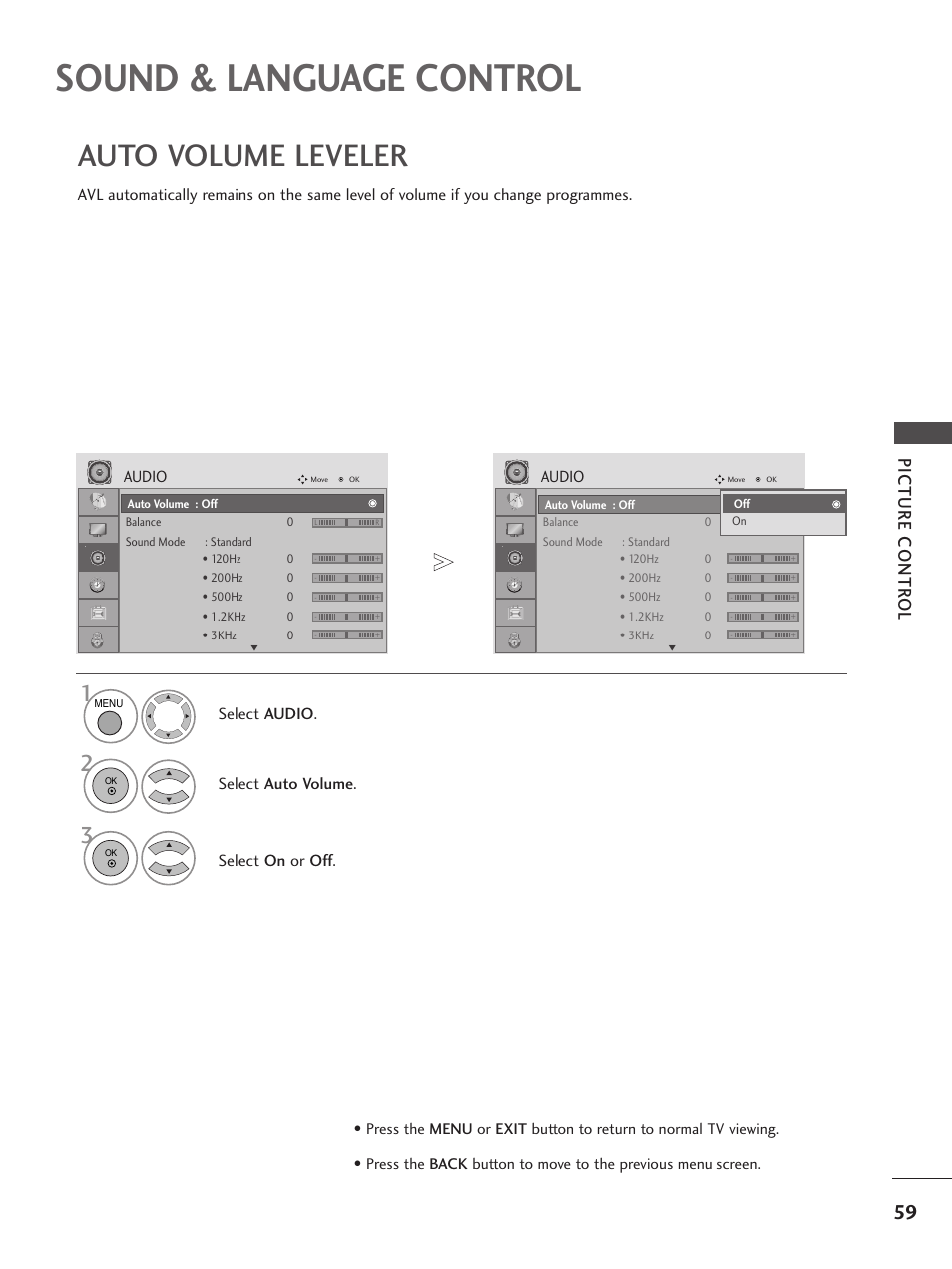 Sound & language control, Auto volume leveler, Picture contr ol | Audio, Select audio, Select auto volume, Select on or off | LG 26LG300C User Manual | Page 61 / 97