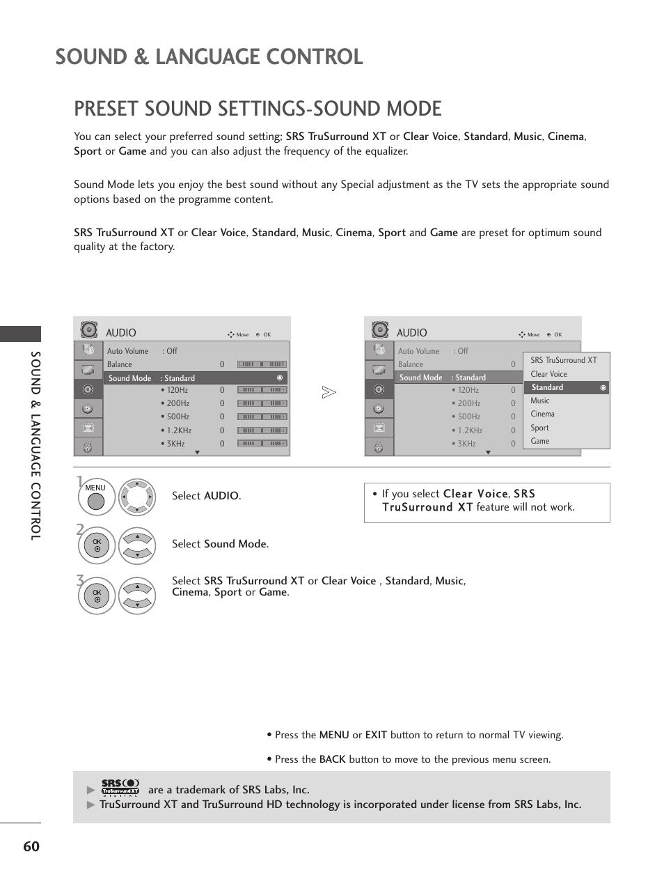 Sound & language control, Preset sound settings-sound mode, Sound & langu a ge contr ol | LG 26LG300C User Manual | Page 62 / 97