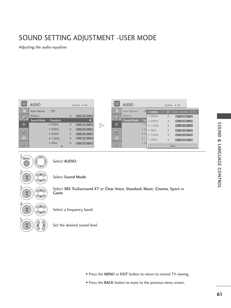 Sound setting adjustment -user mode, Sound & langu a ge contr ol, Adjusting the audio equalizer. select audio | Select sound mode, Select a frequency band, Audio | LG 26LG300C User Manual | Page 63 / 97