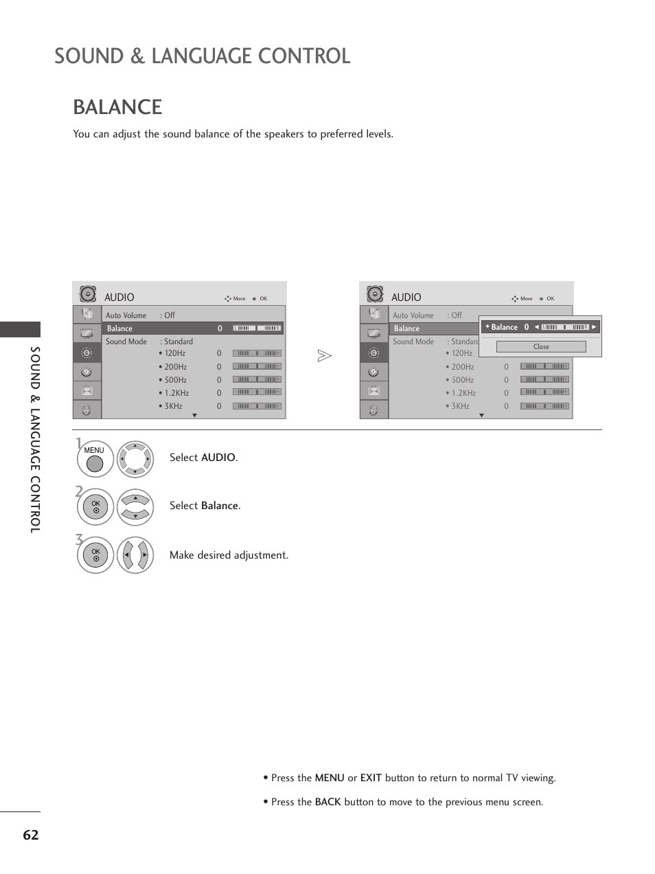 Sound & language control, Balance, Sound & langu a ge contr ol | Audio, Select audio, Select balance, Make desired adjustment | LG 26LG300C User Manual | Page 64 / 97