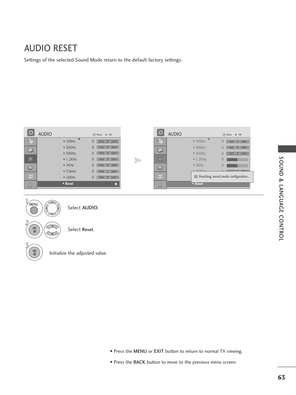 Audio reset, Sound & langu a ge contr ol, Audio | Select reset, Initialize the adjusted value | LG 26LG300C User Manual | Page 65 / 97