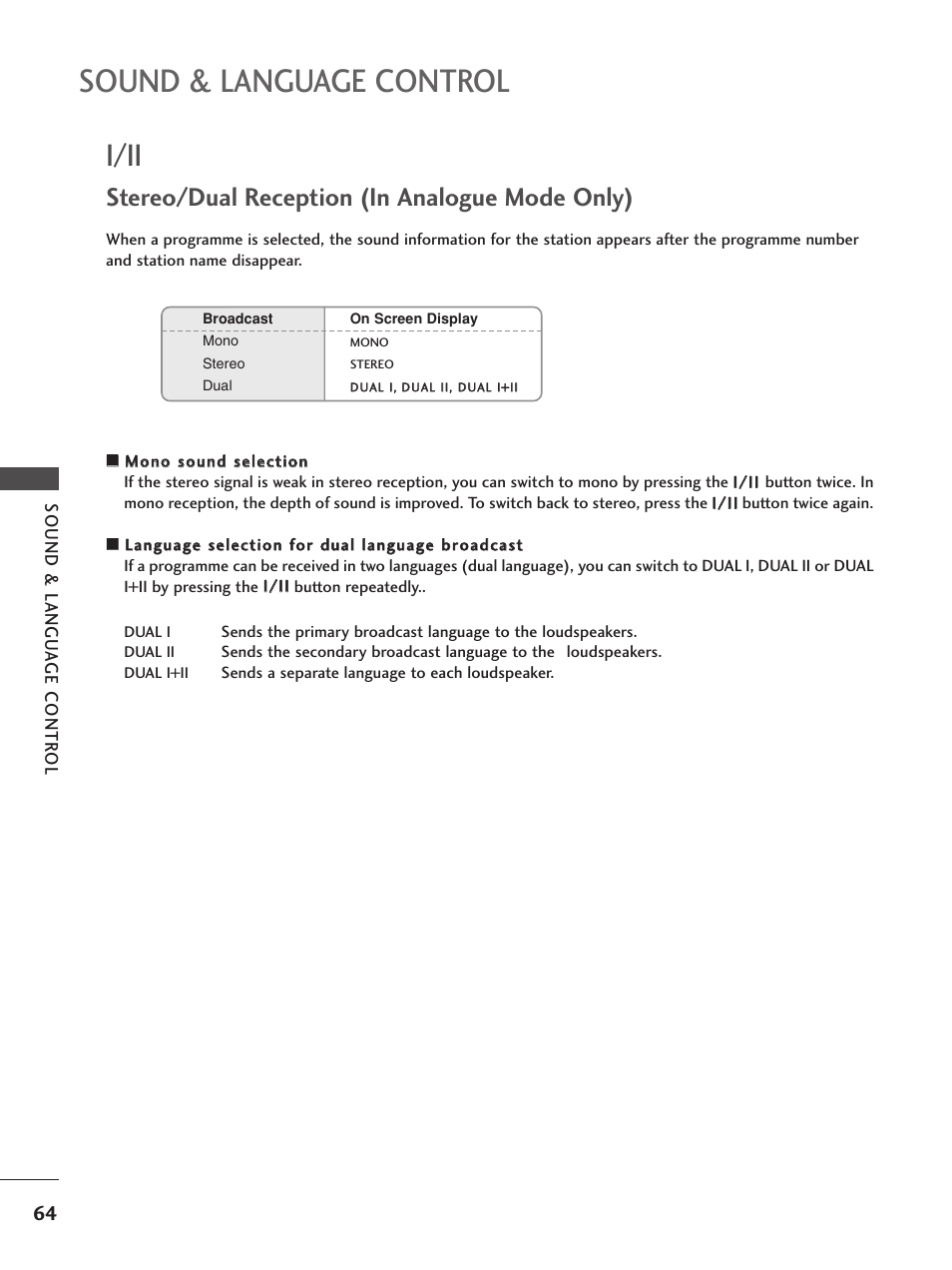 Sound & language control, I/ii, Stereo/dual reception (in analogue mode only) | LG 26LG300C User Manual | Page 66 / 97