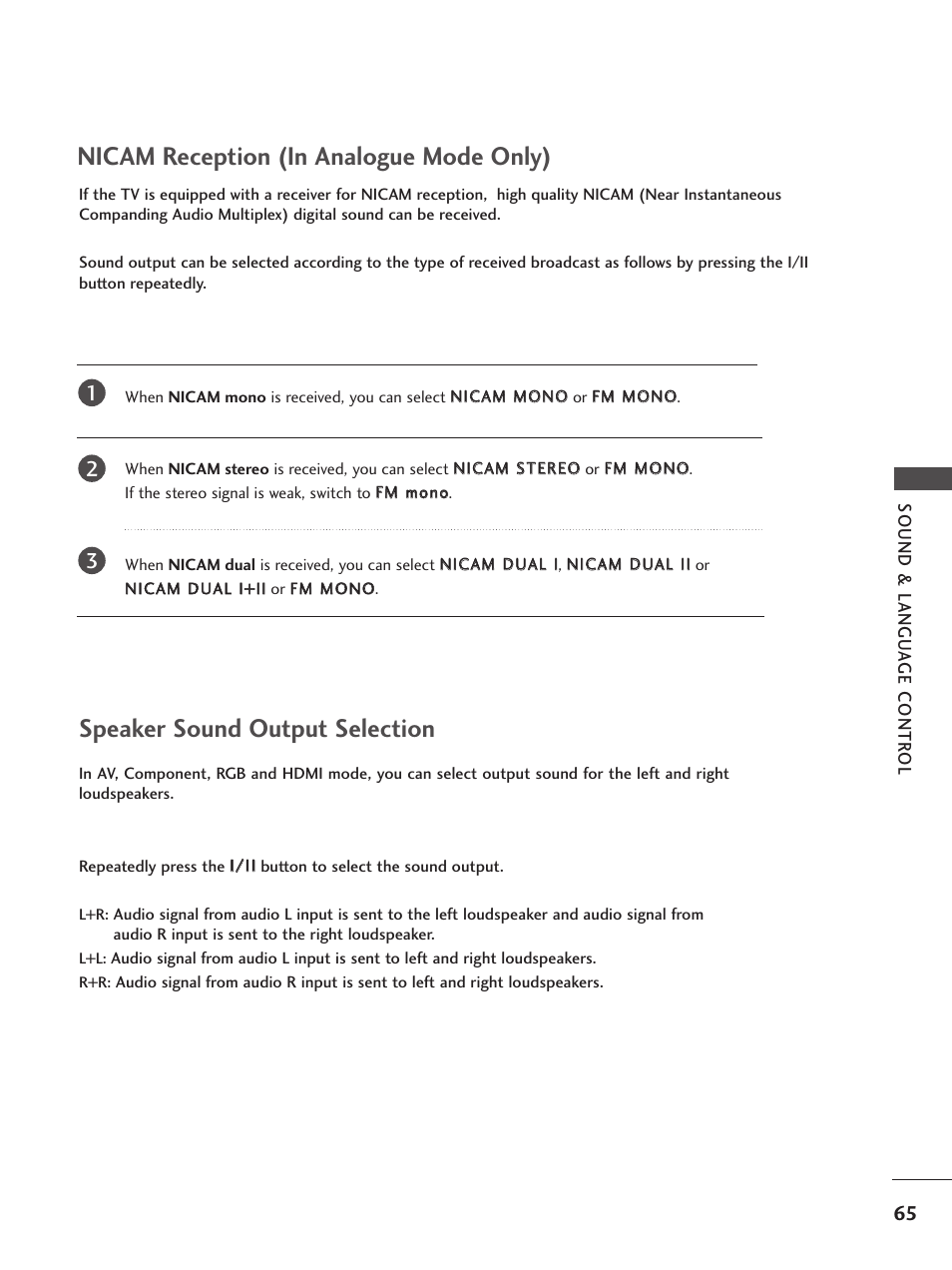 Nicam reception (in analogue mode only), Speaker sound output selection | LG 26LG300C User Manual | Page 67 / 97