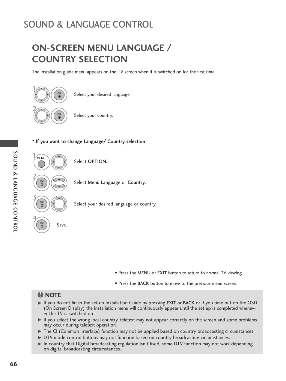 Sound & language control, On-screen menu language / country selection | LG 26LG300C User Manual | Page 68 / 97
