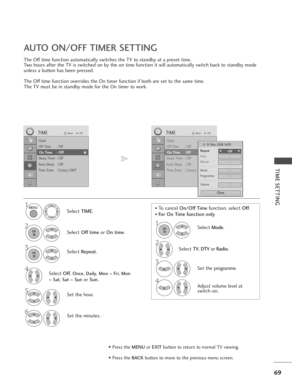 Auto on/off timer setting, Time setting | LG 26LG300C User Manual | Page 71 / 97