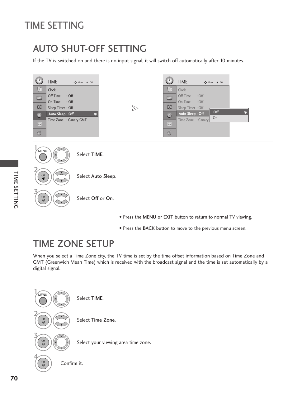 Time setting, Auto shut-off setting, Time zone setup | LG 26LG300C User Manual | Page 72 / 97