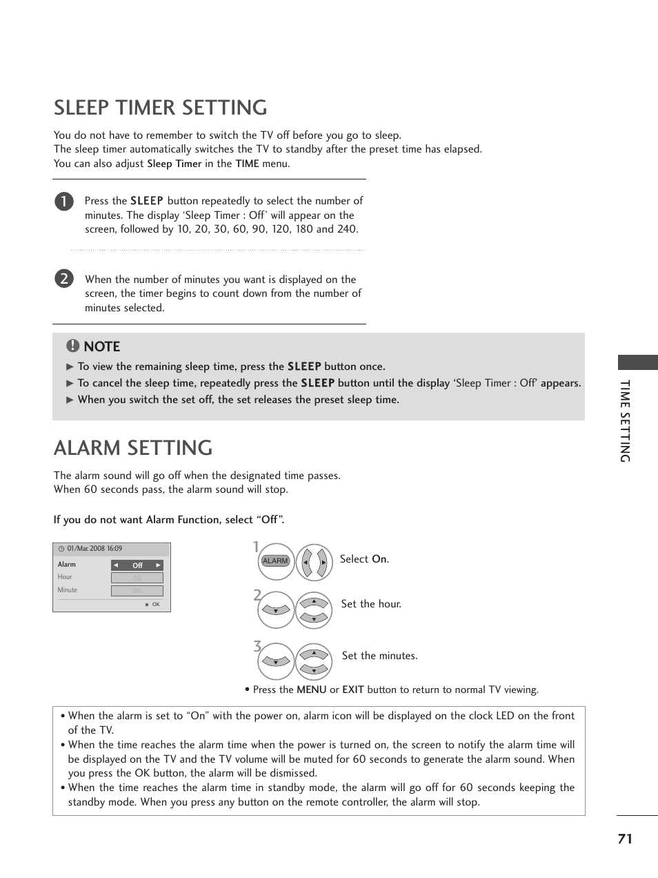 Sleep timer setting, Alarm setting, Time setting | LG 26LG300C User Manual | Page 73 / 97