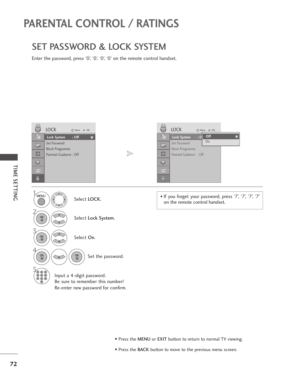 Parental control / ratings, Set password & lock system, Time setting | LG 26LG300C User Manual | Page 74 / 97