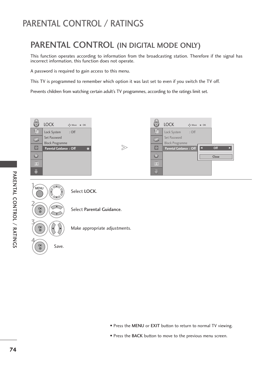 Parental control / ratings, Parental control, Parent al contr ol / r a tings | LG 26LG300C User Manual | Page 76 / 97