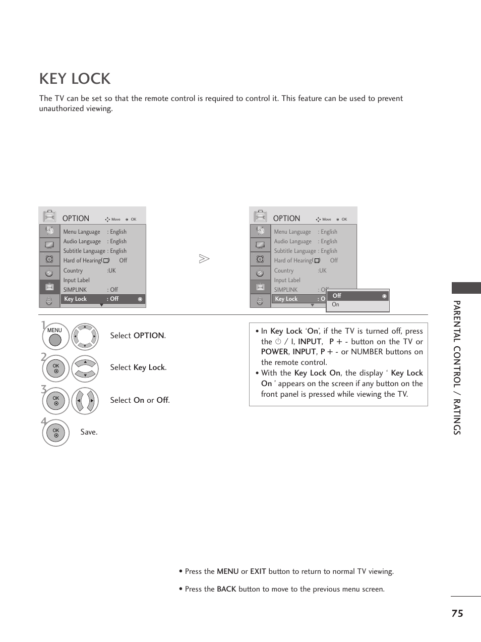 Key lock, Parent al contr ol / r a tings | LG 26LG300C User Manual | Page 77 / 97