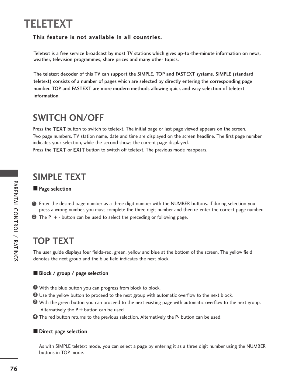 Teletext, Top text, Switch on/off | Simple text | LG 26LG300C User Manual | Page 78 / 97
