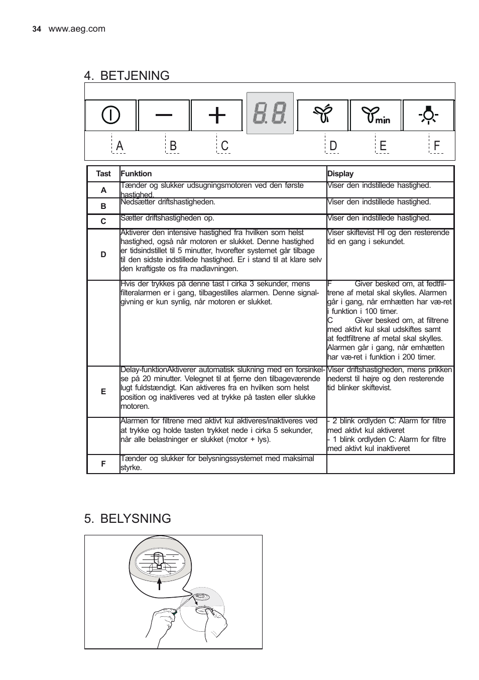 Betjening, Belysning | AEG DD6690-M User Manual | Page 34 / 96