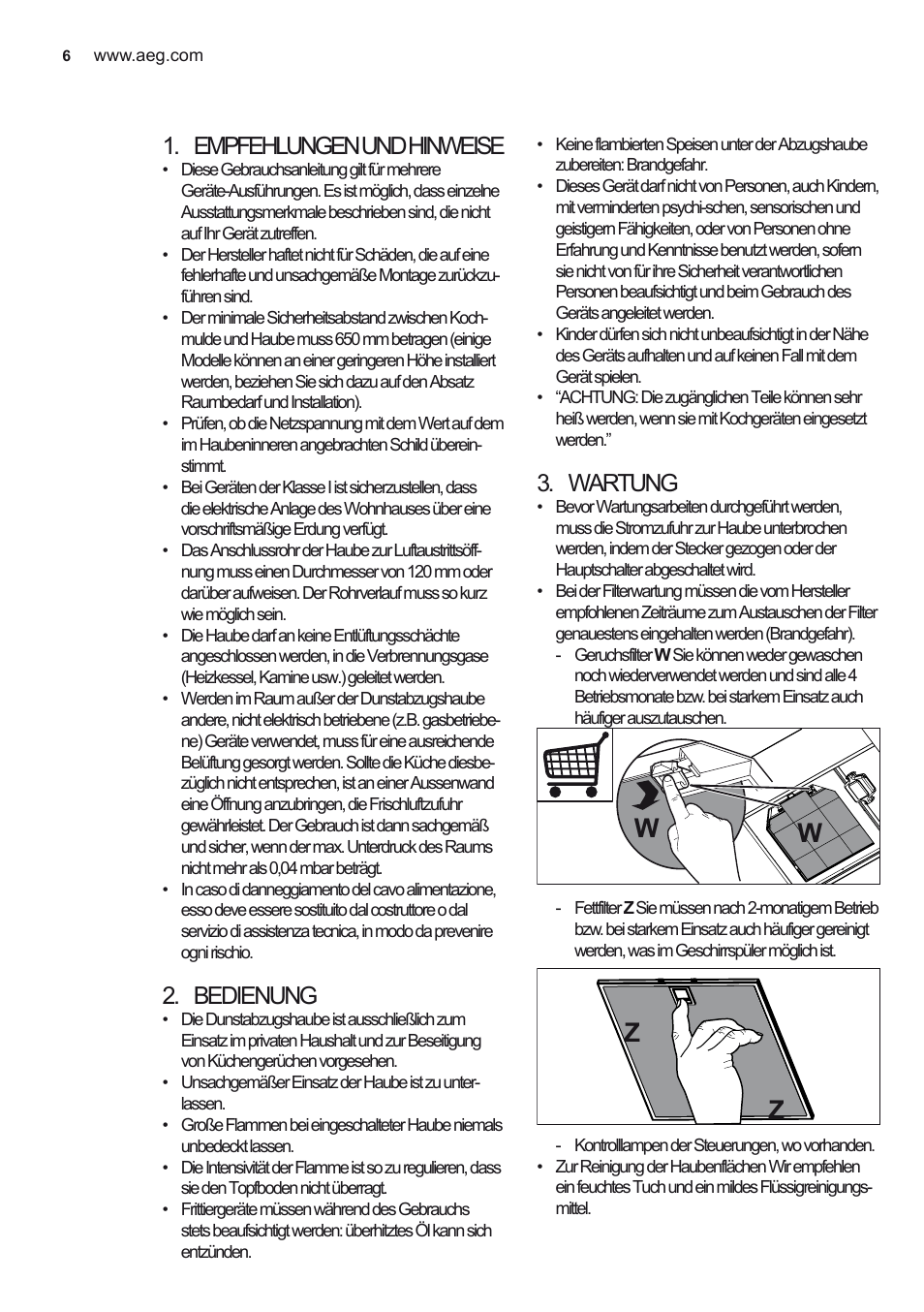 Wz w z, Empfehlungen und hinweise, Bedienung | Wartung | AEG DD6690-M User Manual | Page 6 / 96