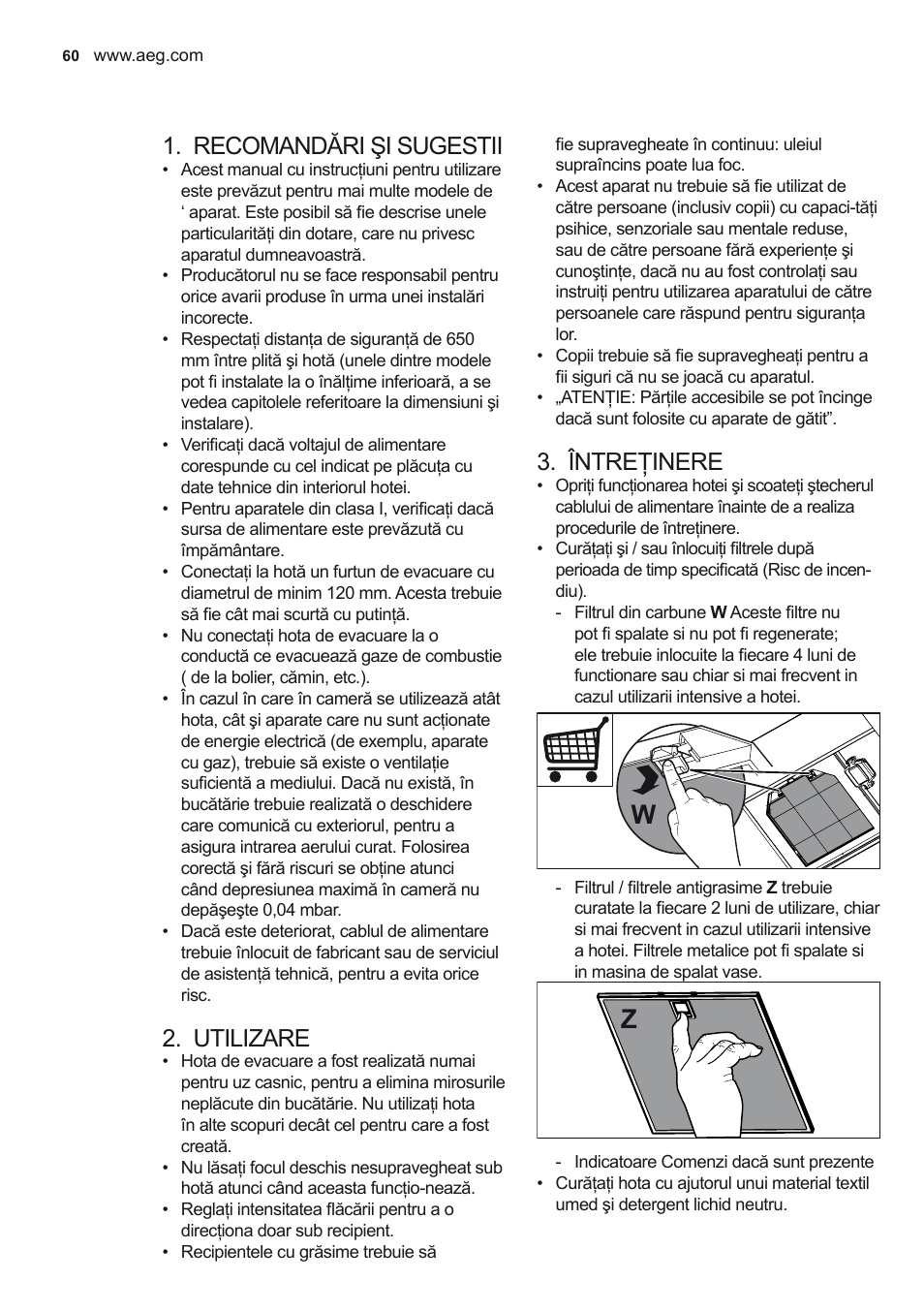 Recomandări şi sugestii, Utilizare, Întreţinere | AEG DD6690-M User Manual | Page 60 / 96