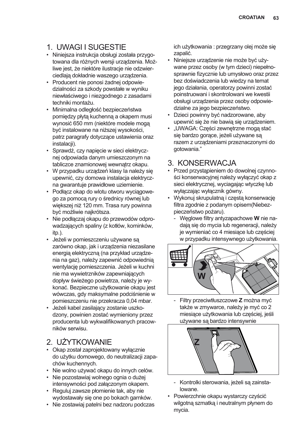 Uwagi i sugestie, Użytkowanie, Konserwacja | AEG DD6690-M User Manual | Page 63 / 96