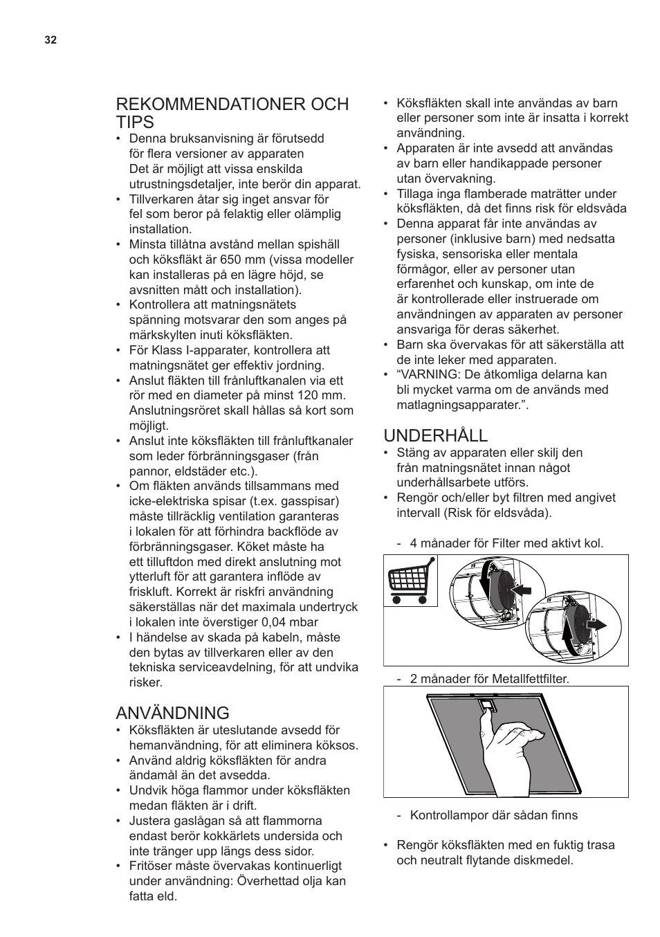 Rekommendationer och tips, Användning, Underhåll | AEG X79283MG0 User Manual | Page 32 / 48