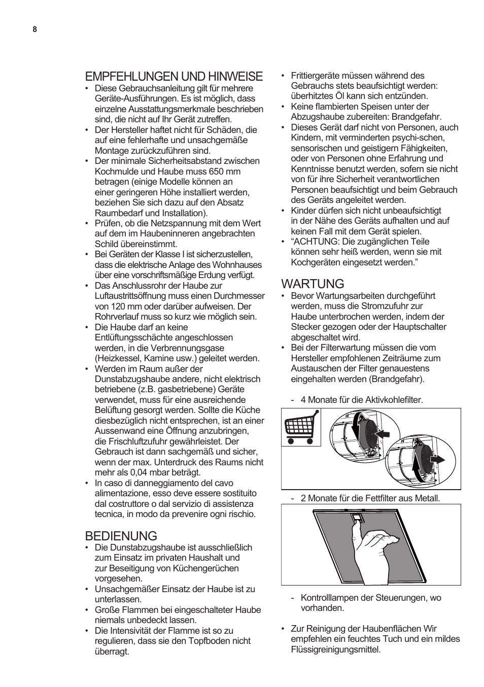 Empfehlungen und hinweise, Bedienung, Wartung | AEG X79283MG0 User Manual | Page 8 / 48