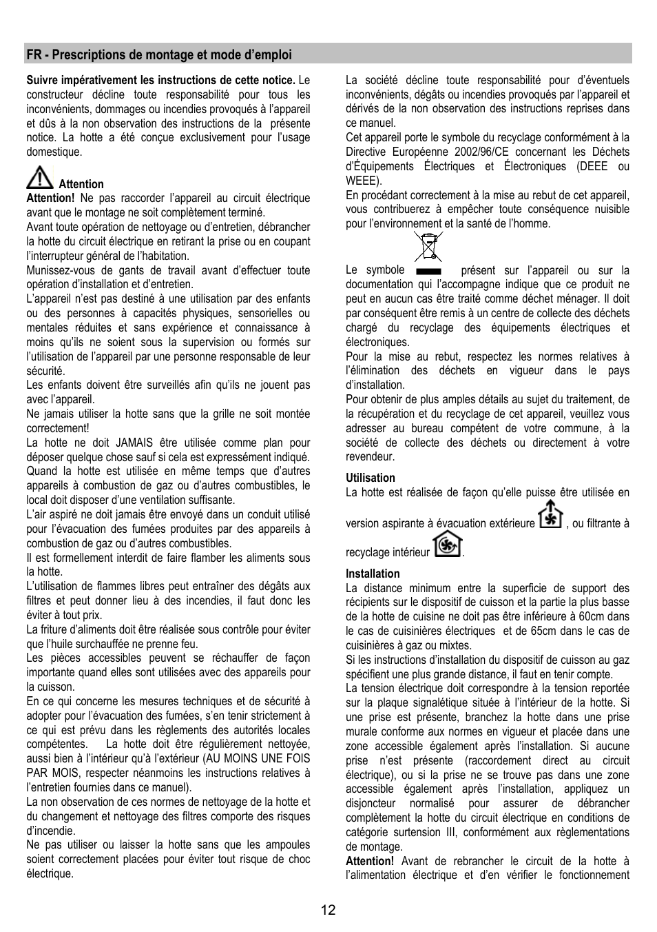 Fr - prescriptions de montage et mode d’emploi | AEG DL 6250 User Manual | Page 12 / 72