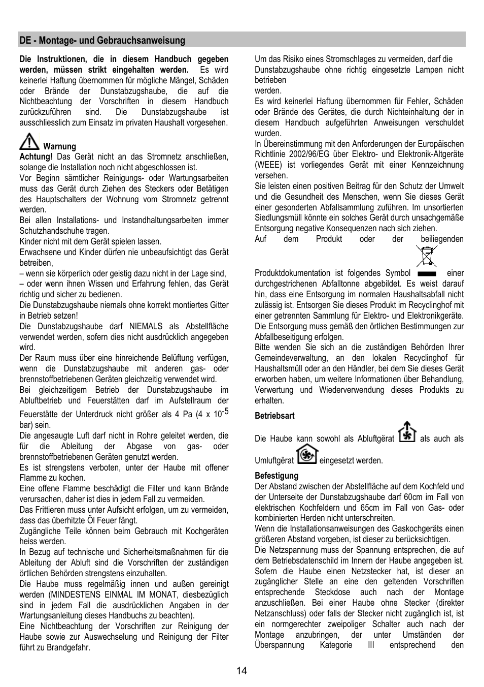 De - montage- und gebrauchsanweisung | AEG DL 6250 User Manual | Page 14 / 72