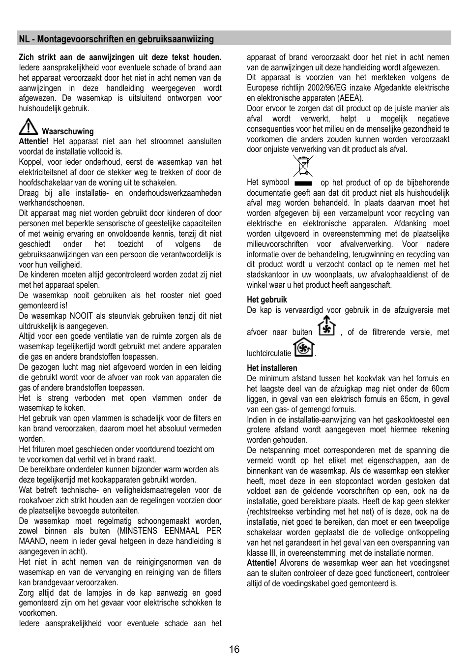 Nl - montagevoorschriften en gebruiksaanwiizing | AEG DL 6250 User Manual | Page 16 / 72