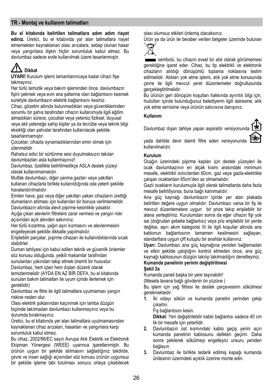 Tr - montaj ve kullanım talimatları | AEG DL 6250 User Manual | Page 26 / 72