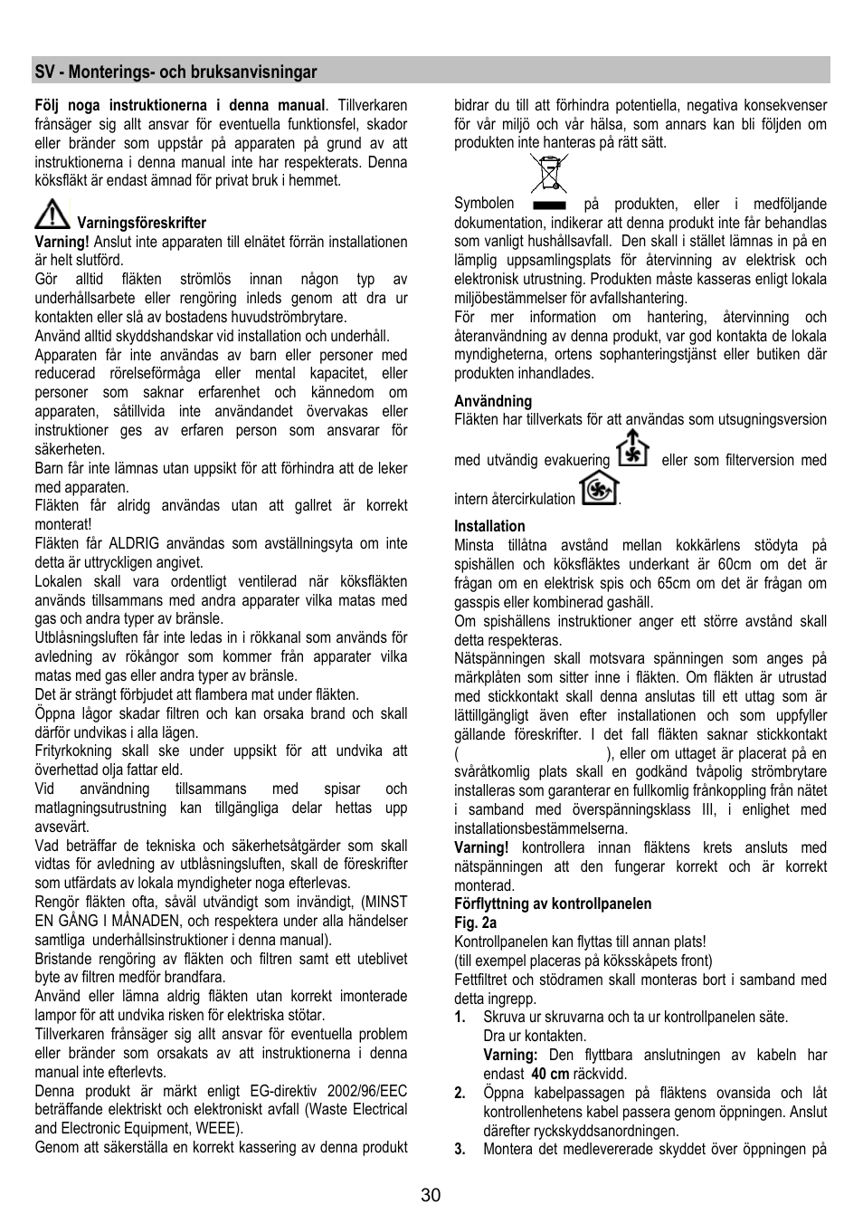 Sv - monterings- och bruksanvisningar | AEG DL 6250 User Manual | Page 30 / 72