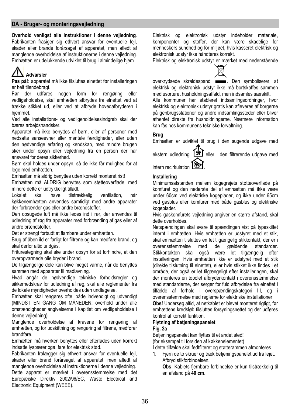 Da - bruger- og monteringsvejledning | AEG DL 6250 User Manual | Page 36 / 72