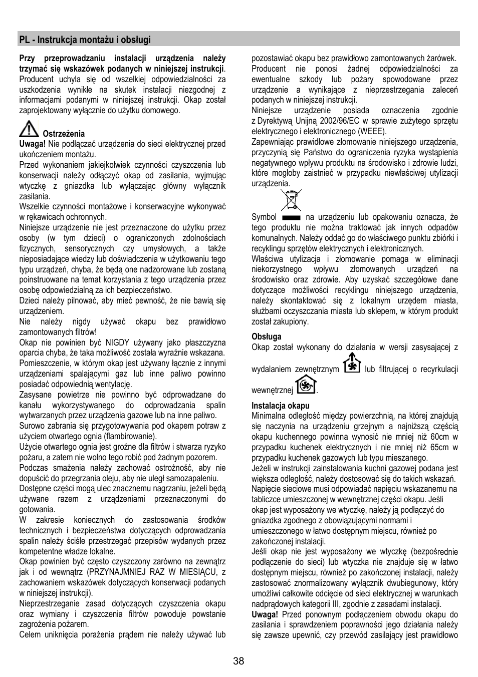 Pl - instrukcja montażu i obsługi | AEG DL 6250 User Manual | Page 38 / 72