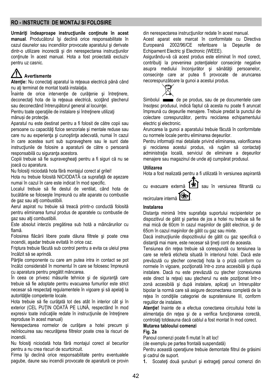 Ro - instructii de montaj si folosire | AEG DL 6250 User Manual | Page 42 / 72