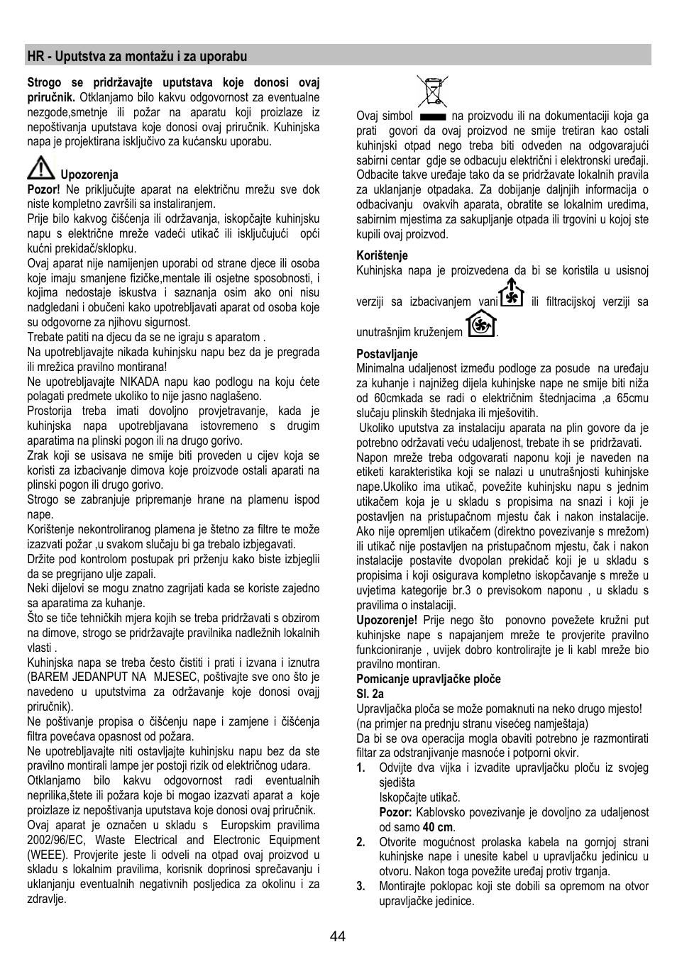 Hr - uputstva za montažu i za uporabu | AEG DL 6250 User Manual | Page 44 / 72