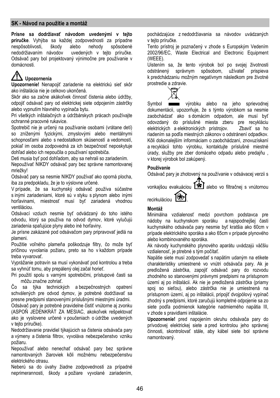 Sk - návod na použitie a montáž | AEG DL 6250 User Manual | Page 46 / 72