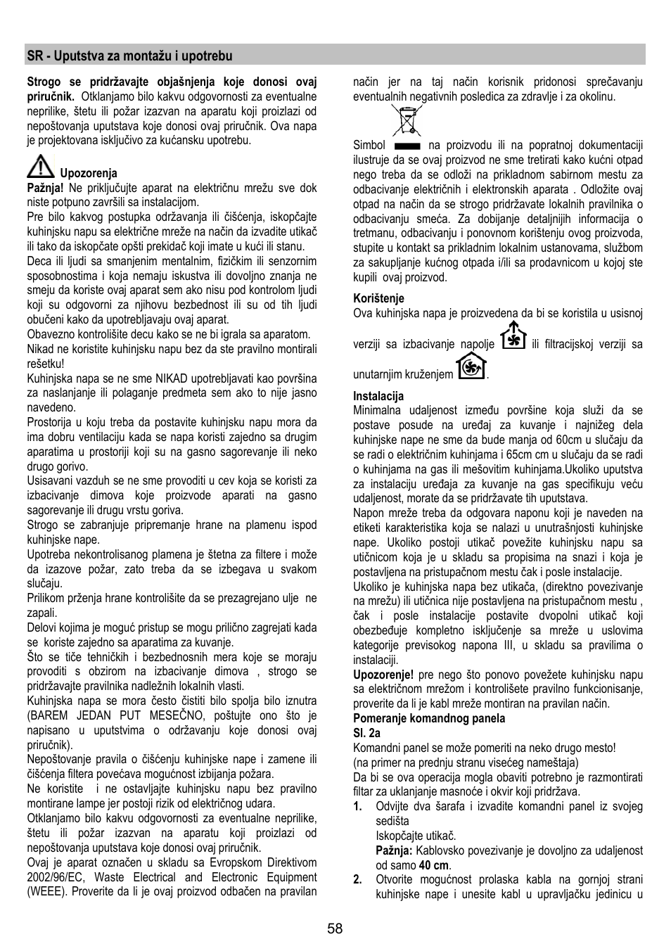 Sr - uputstva za montažu i upotrebu | AEG DL 6250 User Manual | Page 58 / 72