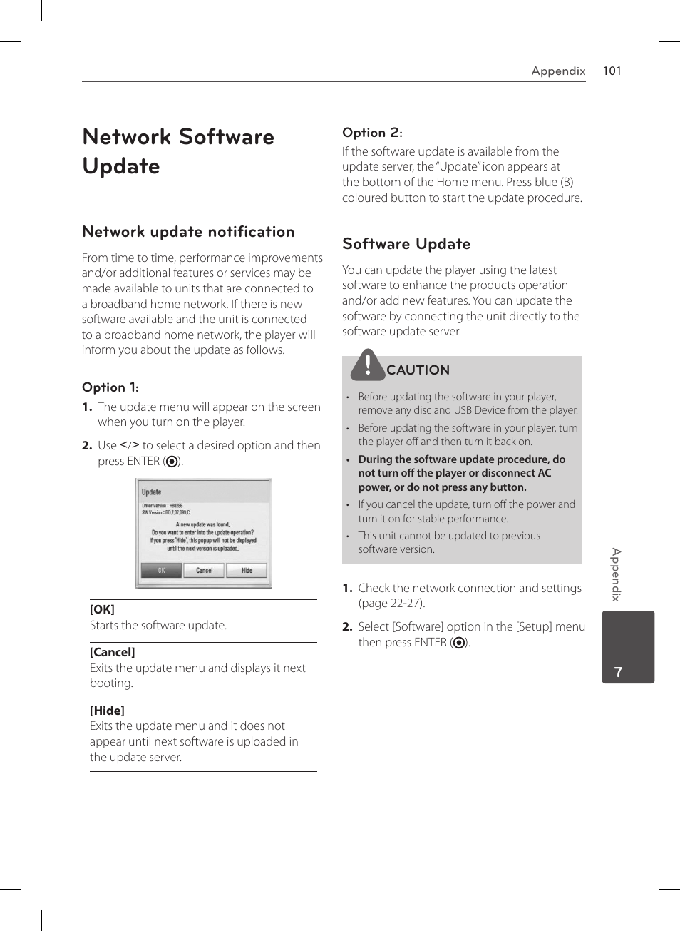 Network software update, Network update notification, Software update | LG HR570S User Manual | Page 101 / 112