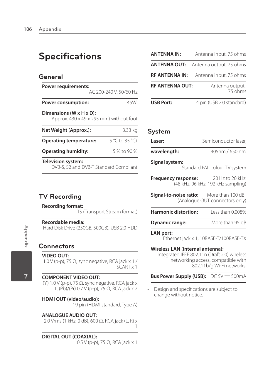 Specifications, General, Tv recording | Connectors, System | LG HR570S User Manual | Page 106 / 112